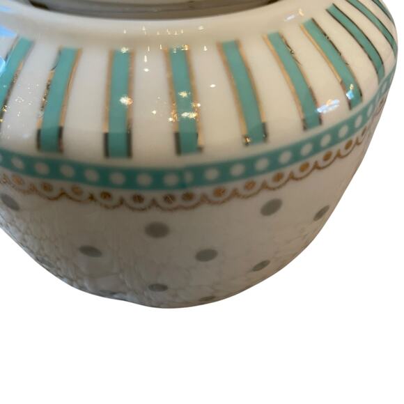 Grace Teaware Fine Porcelain Creamer & Sugar Aqua Blue & White Dots Stripes New - Picture 14 of 16
